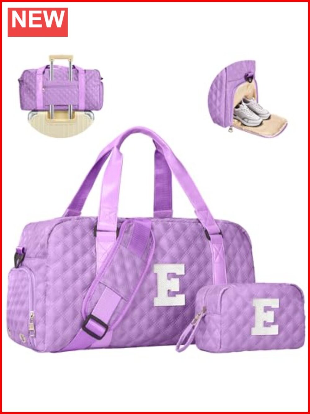 Personalized Initial Quilted Faux Leather Travel Duffel Gym Bag with Shoe